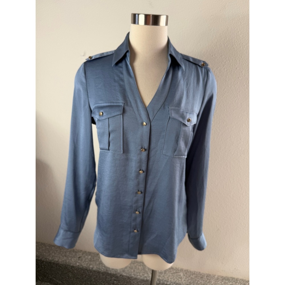 Express Portofino Shirt Womens Small Slim Fit Blue Roll Tab Sleeve Button Up Top